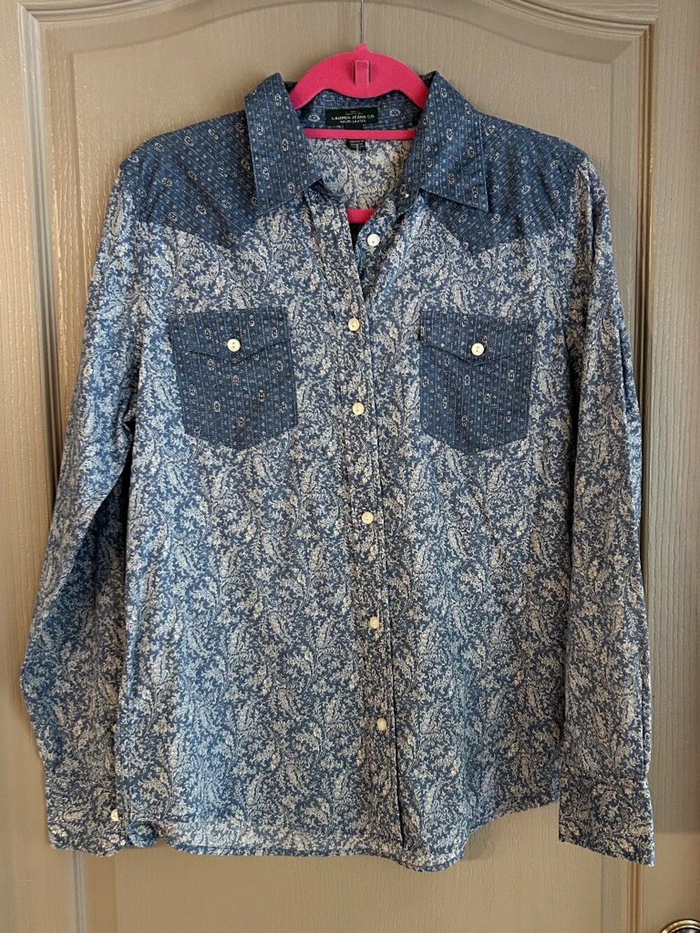 Lauren Jeans Co Ralph Lauren Paisley Mixed Print Western Shirt Size L Blue Boho